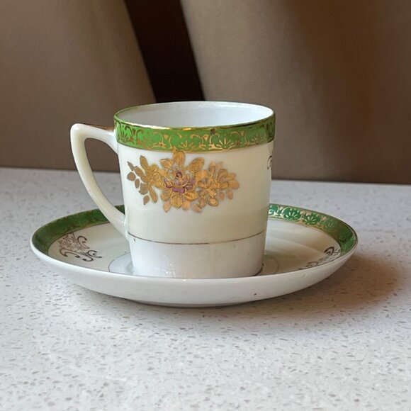 Hand Painted SGK China Demitasse Cup & Saucer Set With Gold & Green Floral Desig - Picture 2 of 10